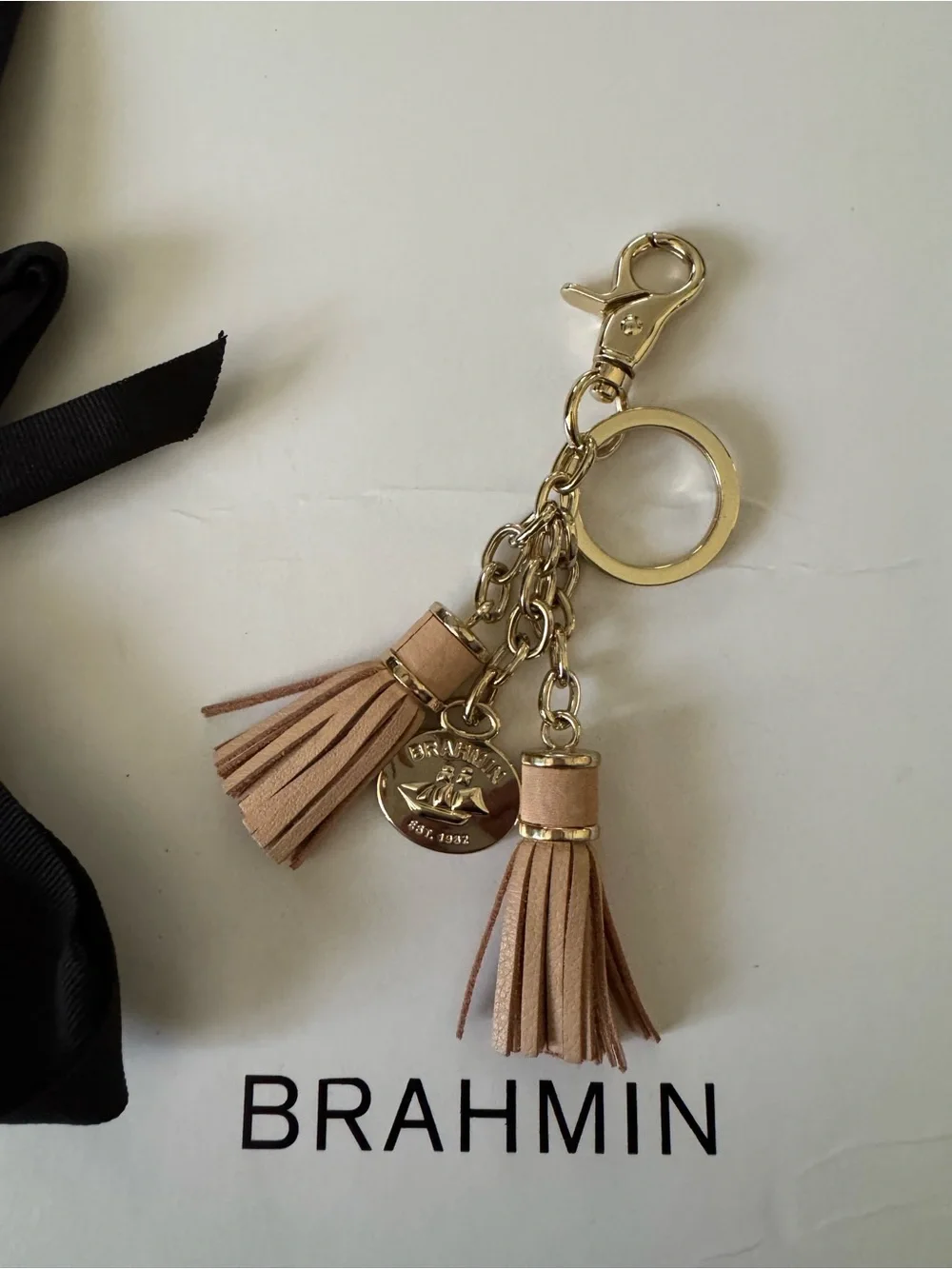Brahmin Beige Tan Leather Double Tassel Key Fob with Gold-Tone Hardware